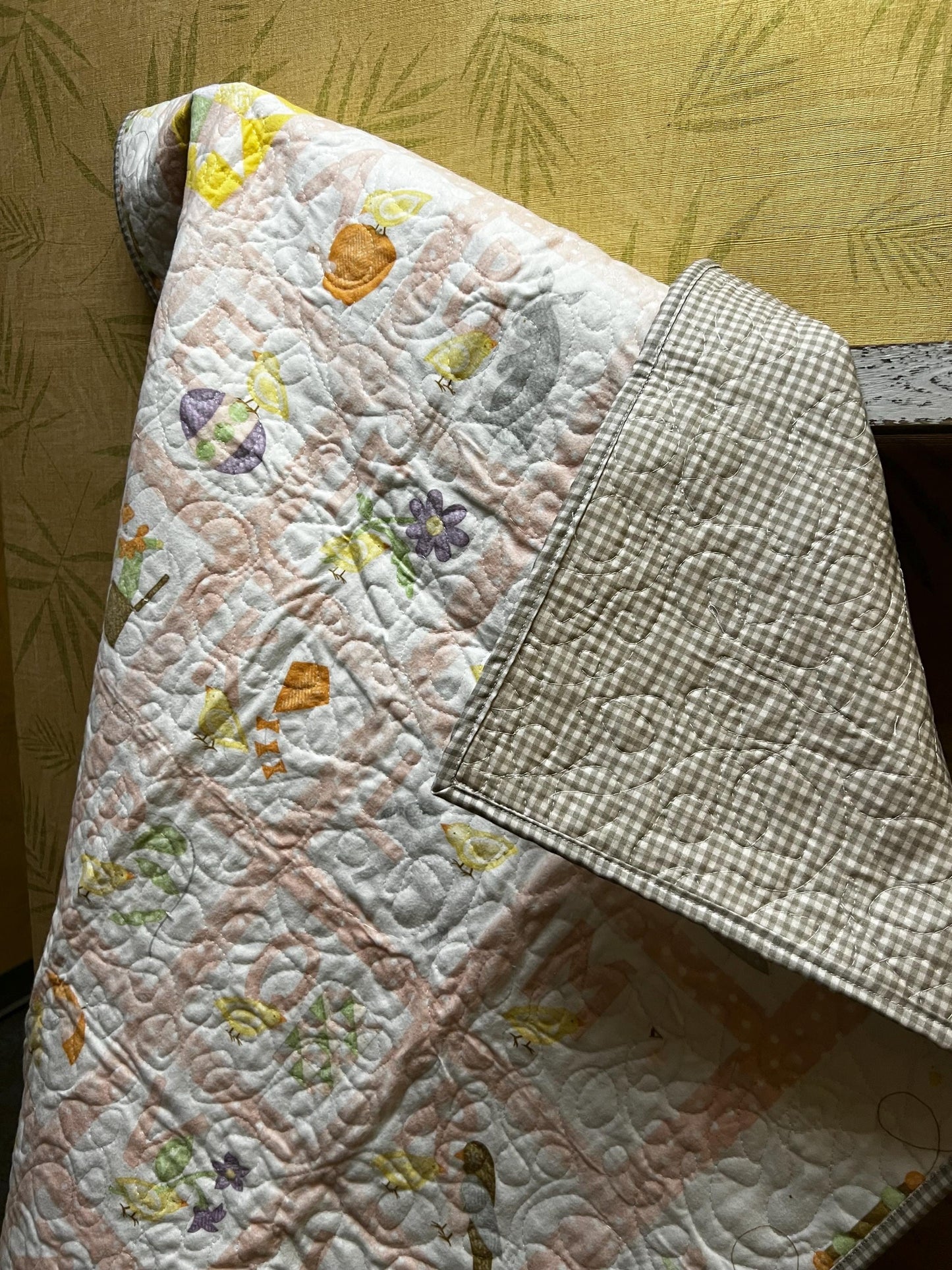 Handmade quilted baby blanket with alphabets, animals, light pastel colors